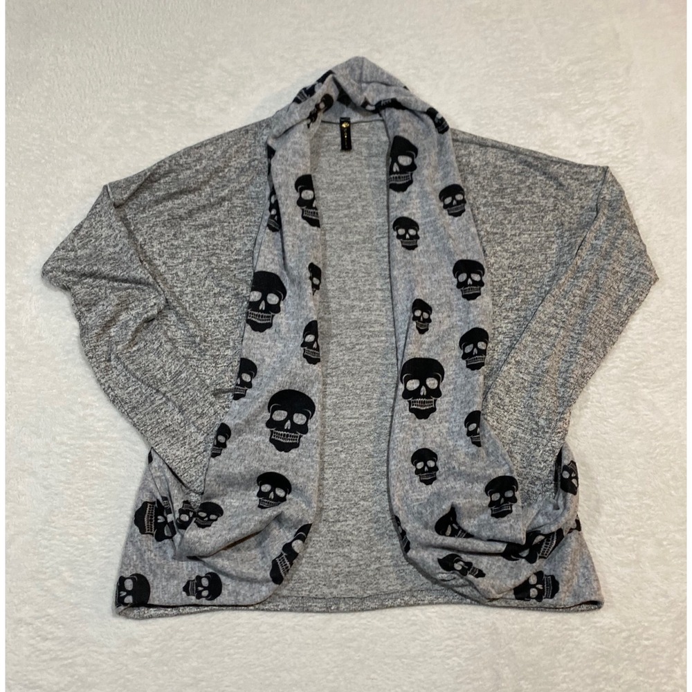 Casa Lee Gray Skull Print Open Front Draped Cardigan Sweater Large Gothic 14996
